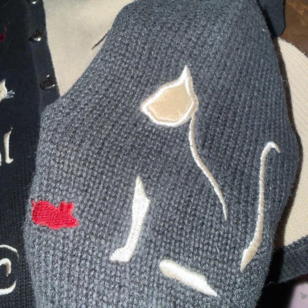 Vintage 2003 Christopher & Banks Cat Sweater Cardigan Ramie Cotton Embroidered - Picture 7 of 11